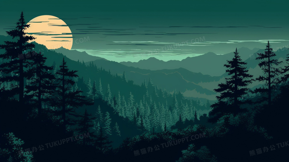 暗绿色极简风森林夜景风景创意插画图片素材下载_jpg格式_熊猫办公
