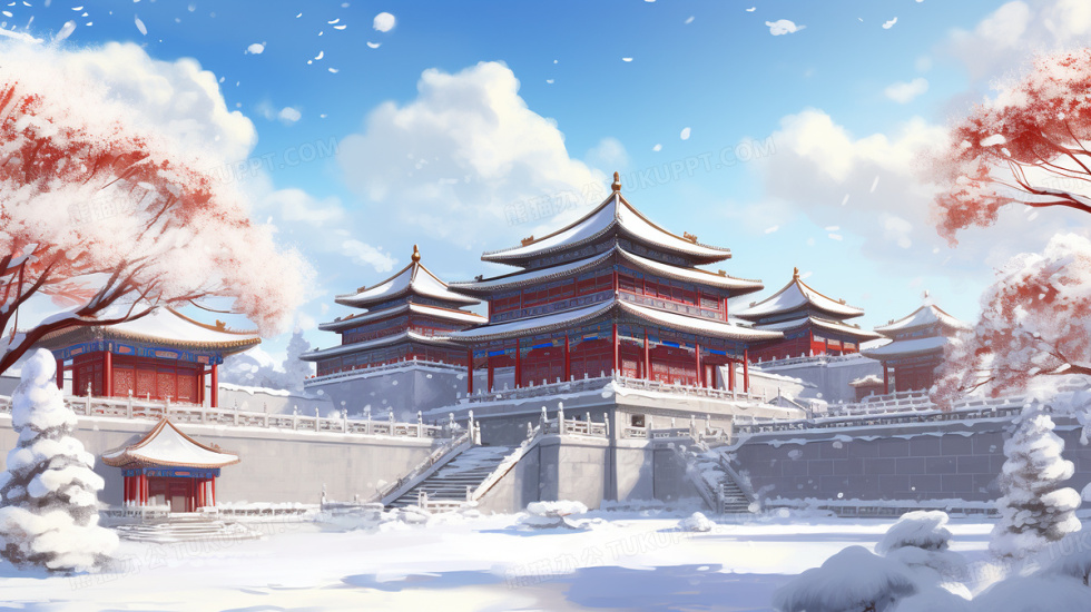 中国风建筑冬天雪景唯美古风插画图片素材下载_jpg格式_熊猫办公