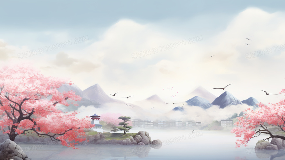 粉色中国风唯美建筑山水风景插画图片素材下载_jpg格式_熊猫办公