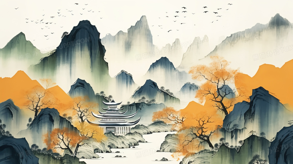 中国风秋天树木山水建筑风景水墨插画图片素材下载_jpg格式_熊猫办公