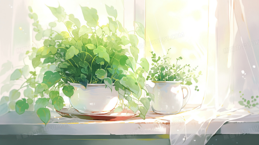 窗台上的绿植盆栽插画图片素材下载_jpg格式_熊猫办公