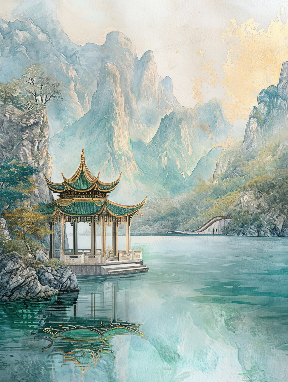 青绿色中国风山水建筑风景插画图片素材下载_jpg格式_熊猫办公