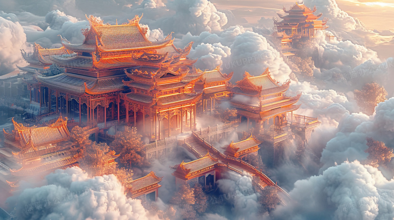 云层中金碧辉煌的中国风建筑插画图片素材下载_jpg格式_熊猫办公