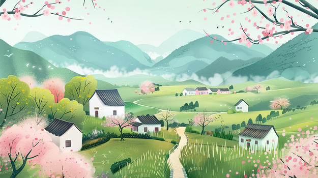 春天山坡上的粉色花树风景插画图片素材下载_jpg格式_熊猫办公