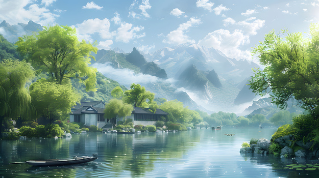 中国乡村村落村口的榕树下插画图片素材下载_jpg格式_熊猫办公