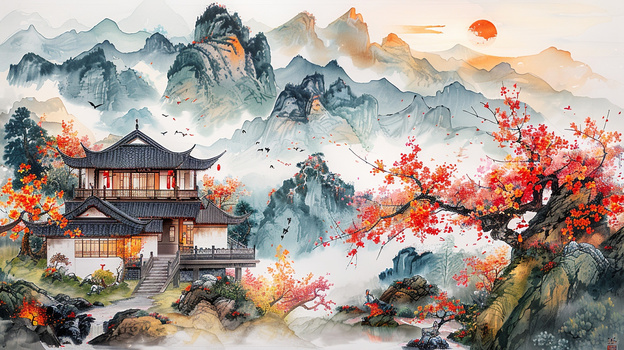 中国风古风山水建筑峡谷插画图片素材下载_jpg格式_熊猫办公