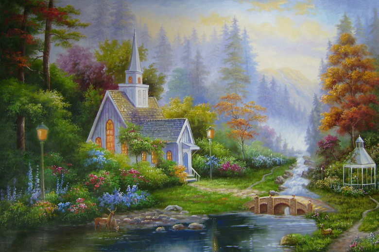 森林中的小屋风景油画图片素材