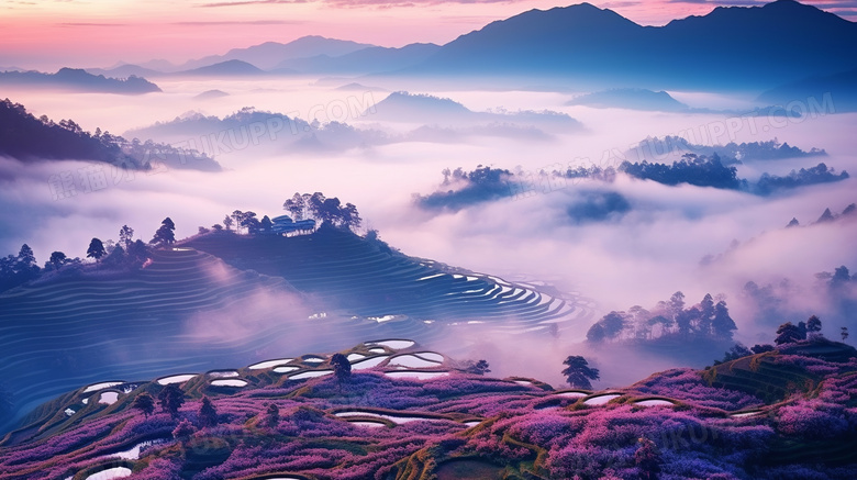 早晨万里重山美丽云雾风景图 