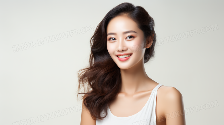 对着镜头自信微笑的美女模特人物特写图片