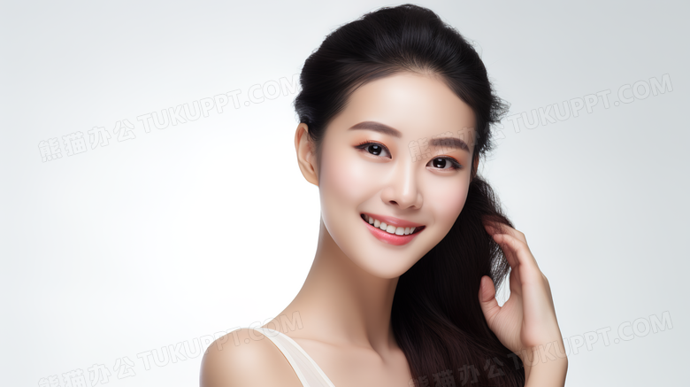 对着镜头自信微笑的美女模特人物特写图片