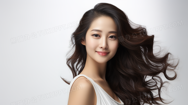 对着镜头自信微笑的美女模特人物特写图片