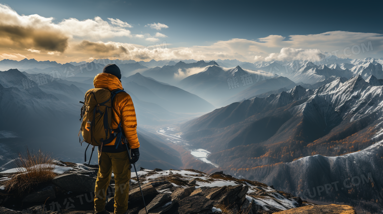 登山人物与雄伟的山峰自然景观插画