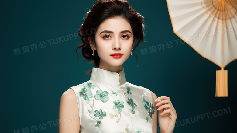 身穿中式礼服的混血美女模特特写图片
