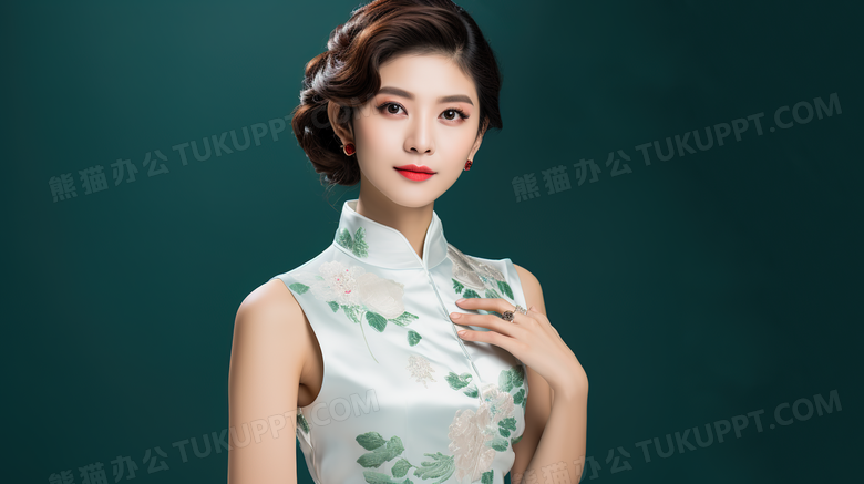 身穿中式改良旗袍礼服的美女模特特写图片