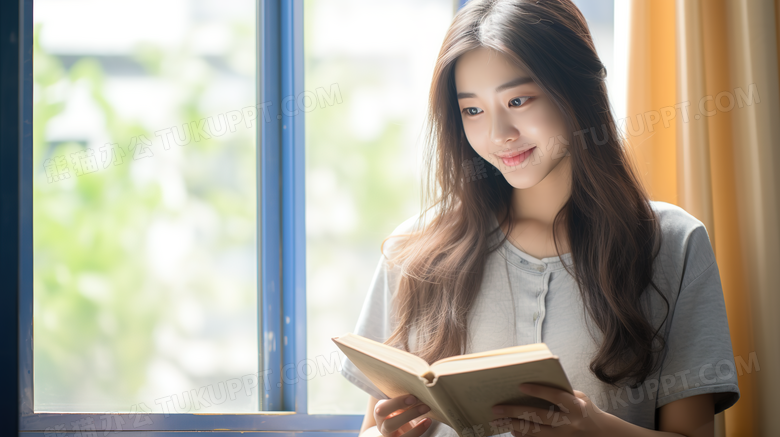 窗户边的女孩认真的看书特写图片