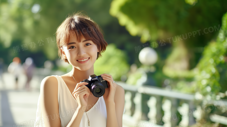 拿着相机开心看着前方的短发女孩特写图片