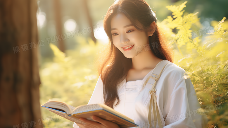 公园中美丽的长发女孩开心的看书特写图片