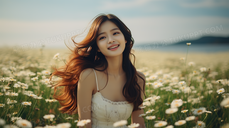 唯美小雏菊花田中穿着白色裙子的美丽女孩特写图片