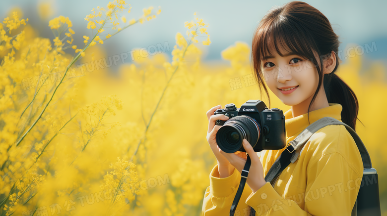油菜花海田里拿着照相机拍照的美丽女孩特写图片