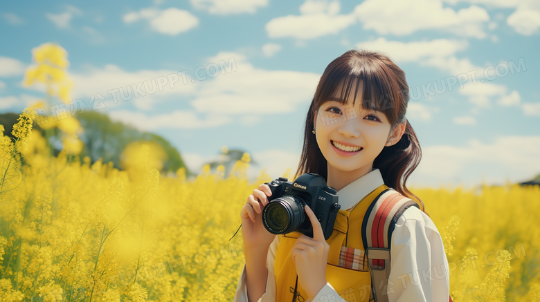 油菜花海田里拿着照相机拍照的美丽女孩特写图片