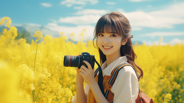 油菜花海田里拿着照相机拍照的美丽女孩特写图片