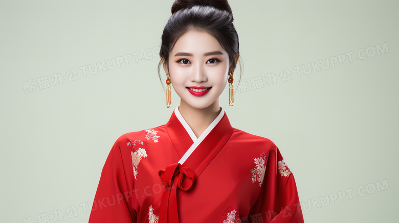 身穿红色喜庆服装的气质美女人像特写图片