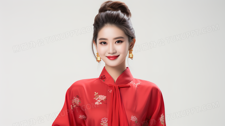身穿红色喜庆服装的气质美女人像特写图片