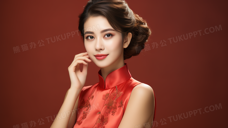 身穿中式改良旗袍礼服的气质美女模特特写图片