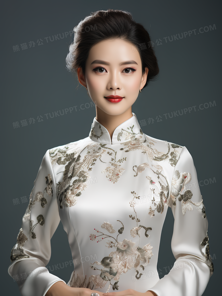 身穿中式改良旗袍礼服的气质美女模特特写图片