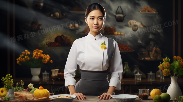 料理桌食材前准备美食的女厨师职业摄影