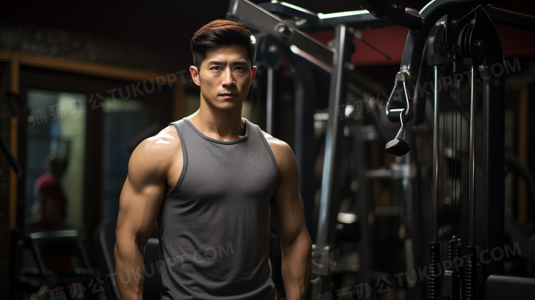 健身房展示强壮肌肉的男士特写图片