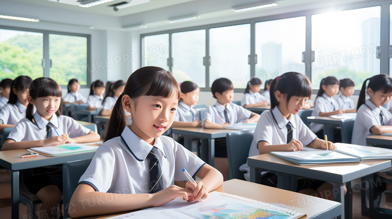 小学生正在班级里写作业摄影图