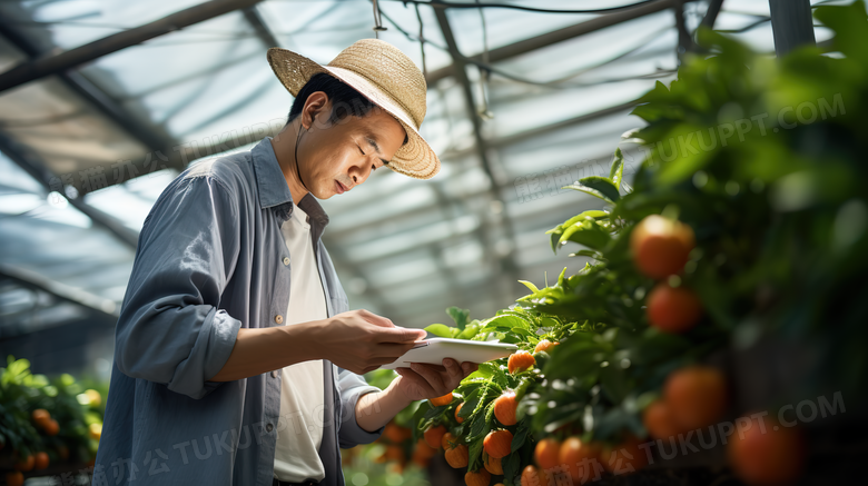 蔬菜大棚里忙碌的农民摄影图