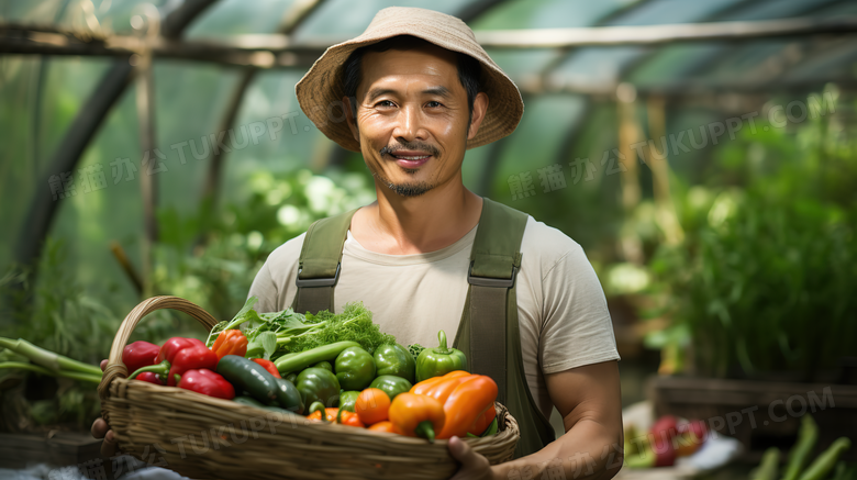 蔬菜大棚里农民拿着丰收的蔬菜摄影图