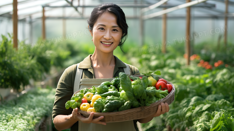 蔬菜大棚里农民拿着丰收的蔬菜摄影图