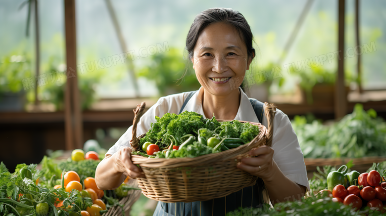 蔬菜大棚里农民拿着丰收的蔬菜摄影图
