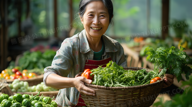 蔬菜大棚里农民拿着丰收的蔬菜摄影图