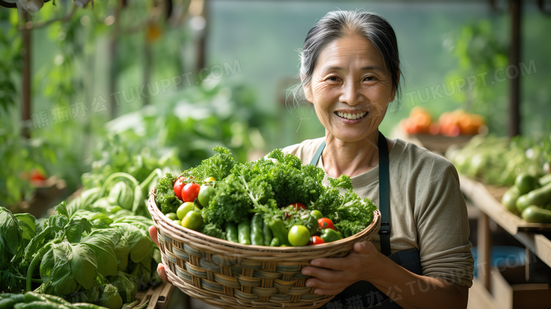 蔬菜大棚里农民拿着丰收的蔬菜摄影图