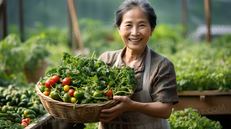 蔬菜大棚里农民拿着丰收的蔬菜摄影图