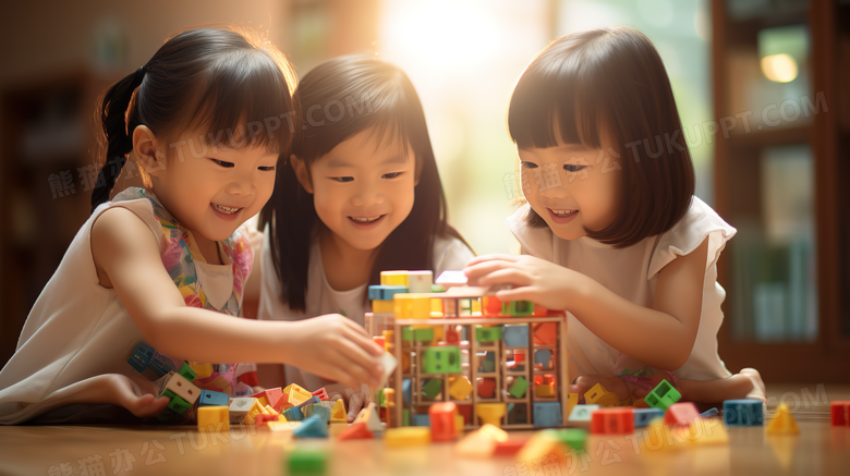 幼儿园小朋友们玩积木摄影图
