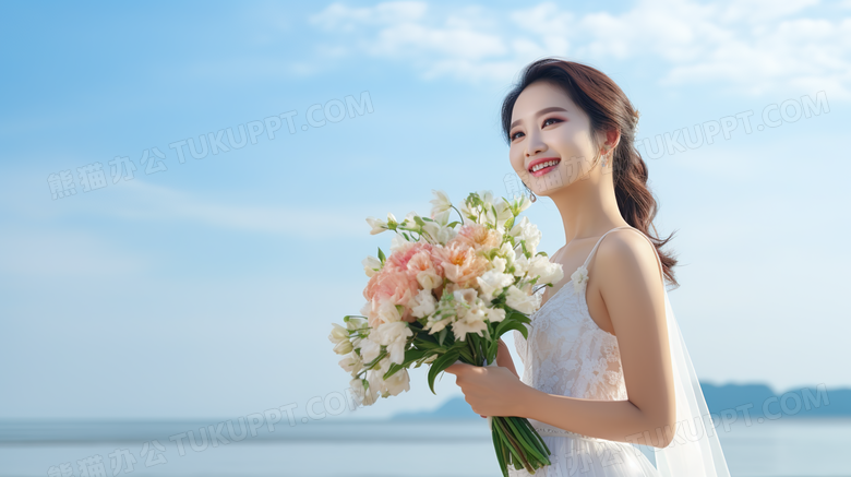 新娘手捧花站在海边摄影图