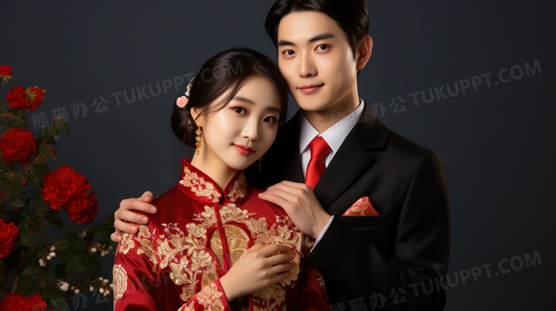 中式婚礼新郎新娘合照摄影图