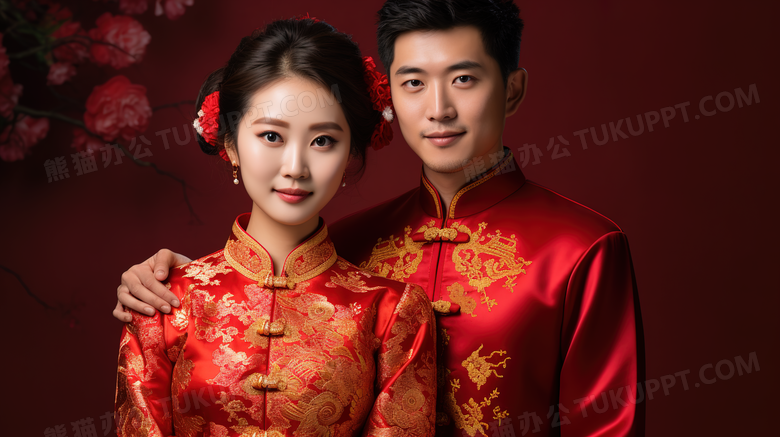 中式婚礼新郎新娘合照摄影图