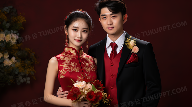 中式婚礼新郎新娘合照摄影图