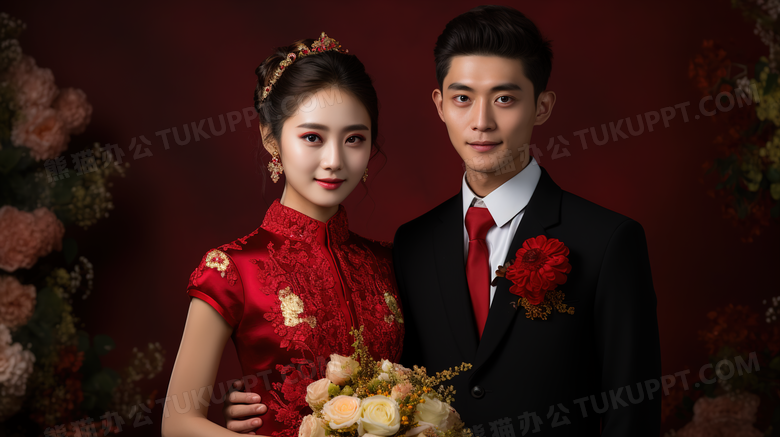 中式婚礼新郎新娘合照摄影图