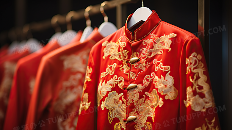 红色喜庆中式婚礼结婚礼服摄影图