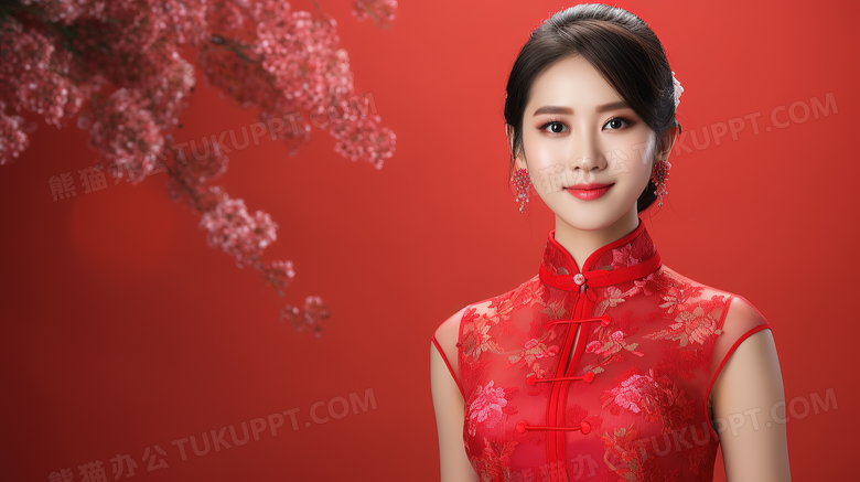 穿着红色旗袍端庄温婉的女性图片