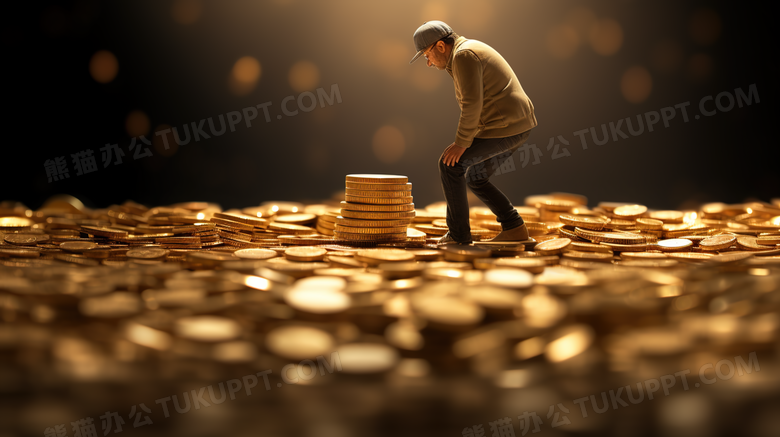 在金币堆上叠金币的男人图片