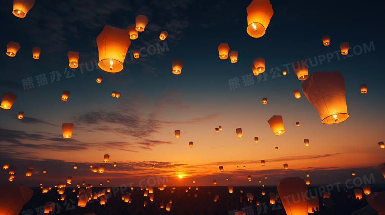 夜晚天空中的孔明灯图片