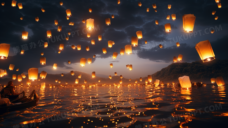 夜晚天空中的孔明灯图片